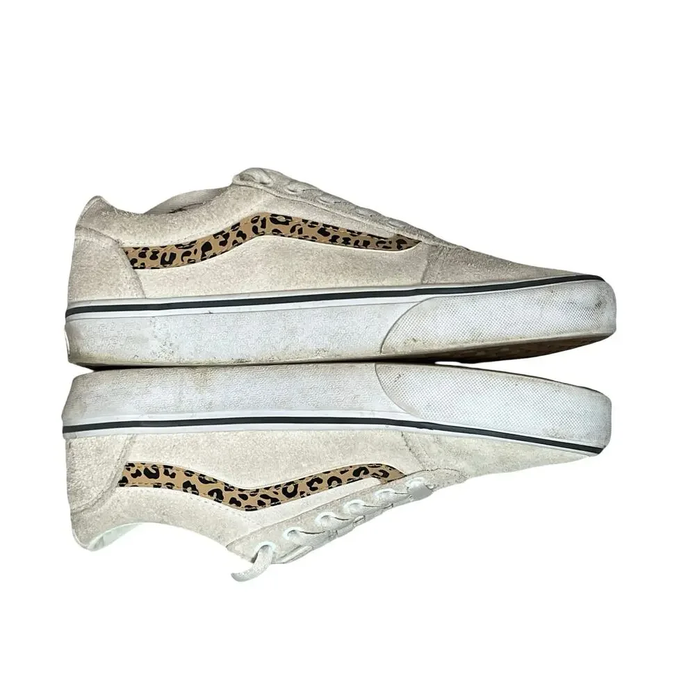 VANS Women 8.5 Sneakers Low Top Cream‎ Suede Leopard Old Skool Lace Up Skate